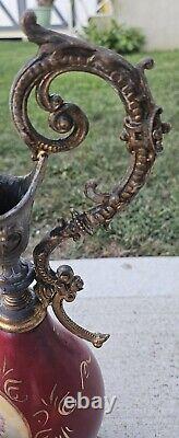 Antique French Hand Painted Porcelain & Guilted Bronze Ewers 16 Inches