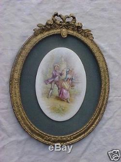 Antique French Hand Painted Porcelain Lady Man Cherub Painting Plaque Large