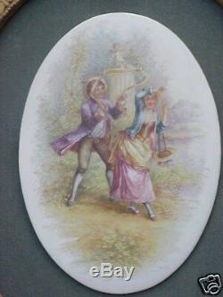 Antique French Hand Painted Porcelain Lady Man Cherub Painting Plaque Large