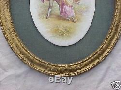 Antique French Hand Painted Porcelain Lady Man Cherub Painting Plaque Large