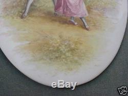 Antique French Hand Painted Porcelain Lady Man Cherub Painting Plaque Large