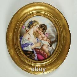Antique French Hand Painted Porcelain Portrait Plaque, Lady & Cherub, Gilt Wood