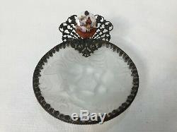 Antique French Lalique Style Art Glass withBronze, Handpainted Porcelain Pin Tray