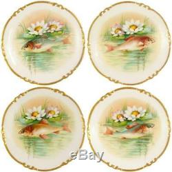 Antique French Limoges Porcelain Gold Hand Painted Fish Set Plates Service Tray