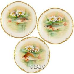 Antique French Limoges Porcelain Gold Hand Painted Fish Set Plates Service Tray