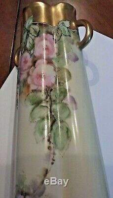 Antique French Limoges Porcelain Hand Painted Scalloped Roses & Gold Gilt Vase