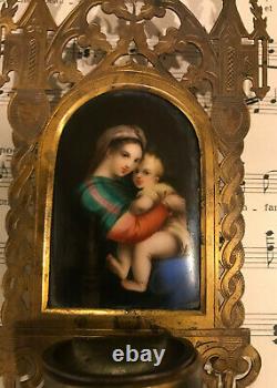 Antique French Madonna & Child Hand Painted Porcelain Icon Holy Water Font c1880