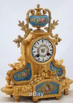 Antique French Mantle Clock 8 Day Stunning Gilt Metal & Hand Painted Porcelain