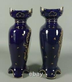 Antique French Pair of Vases Cobalt Blue Hand Painted Paris Porcelain Limoges
