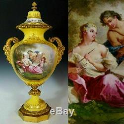 Antique French Porcelain Urn Hand Painted Satyr Gilt Bronze Handles Sevres Style