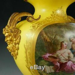 Antique French Porcelain Urn Hand Painted Satyr Gilt Bronze Handles Sevres Style