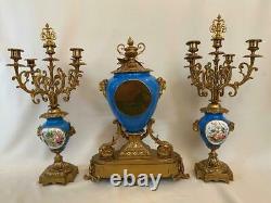 Antique French Royal Blue hand painted Sevres Porcelain & bronze Clock set