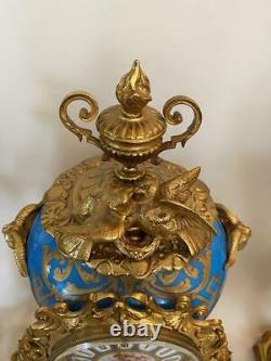 Antique French Royal Blue hand painted Sevres Porcelain & bronze Clock set