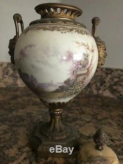 Antique French Sevres Hand Painted Porcelain Urn Scene Satyr Bronze Handles