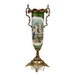 Antique French Sevres Porcelain Hand Painted Vase with Bronze Gilded Handles