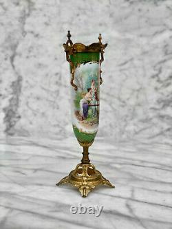 Antique French Sevres Porcelain Hand Painted Vase with Bronze Gilded Handles