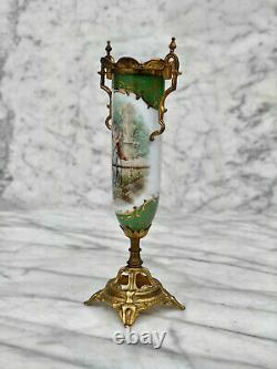 Antique French Sevres Porcelain Hand Painted Vase with Bronze Gilded Handles