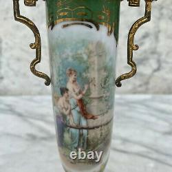 Antique French Sevres Porcelain Hand Painted Vase with Bronze Gilded Handles