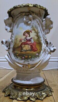Antique French Vase Hand Painted Pink Rose Bouquet And Girl Scenes- Pls See Desc