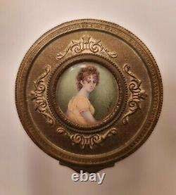 Antique French brass box withhand painted miniature portrait on lid