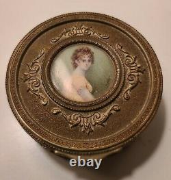 Antique French brass box withhand painted miniature portrait on lid