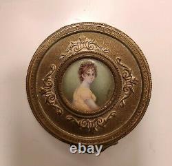 Antique French brass box withhand painted miniature portrait on lid