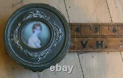 Antique French brass box withhand painted miniature portrait on lid