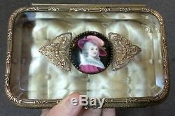 Antique French jewelry box porcelain hand painted bronze ormolu crystal glass