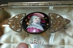 Antique French jewelry box porcelain hand painted bronze ormolu crystal glass