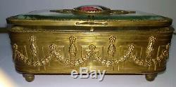 Antique French jewelry box porcelain hand painted bronze ormolu crystal glass