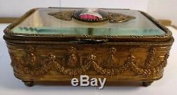 Antique French jewelry box porcelain hand painted bronze ormolu crystal glass