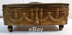 Antique French jewelry box porcelain hand painted bronze ormolu crystal glass