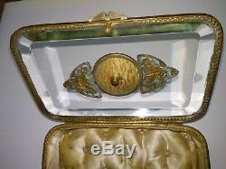 Antique French jewelry box porcelain hand painted bronze ormolu crystal glass