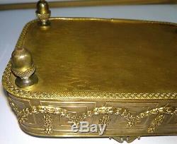 Antique French jewelry box porcelain hand painted bronze ormolu crystal glass