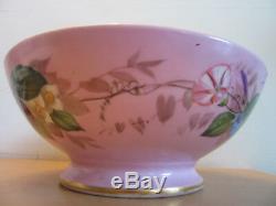 Antique French porcelain large centerpiece bowl hand painted Pink Flowers, fruit