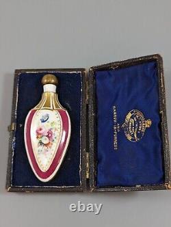 Antique French scent bottle hand-painted with flowers, Enamel, Gilt, Porcelain