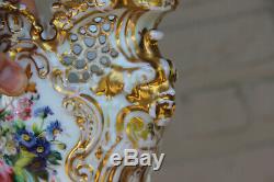 Antique French vieux paris porcelain floral hand paint vase satyr heads