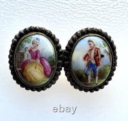 Antique Georgian Cut Steel Edge Hand Painted Porcelain Double Brooch Pin