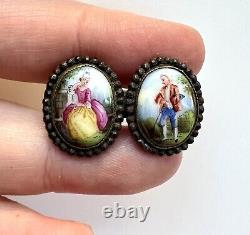 Antique Georgian Cut Steel Edge Hand Painted Porcelain Double Brooch Pin