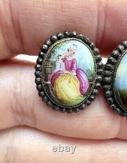 Antique Georgian Cut Steel Edge Hand Painted Porcelain Double Brooch Pin