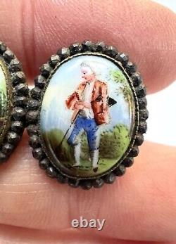 Antique Georgian Cut Steel Edge Hand Painted Porcelain Double Brooch Pin