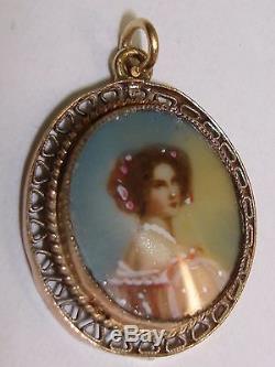 Antique Georgian Miniature Hand Painted Portrait In Gold Frame! Ex. Condition