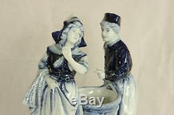 Antique German Delft Flo Blue Couple & Basket Hand Painted Porcelain Figurine