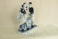 Antique German Delft Flo Blue Couple & Basket Hand Painted Porcelain Figurine