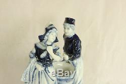 Antique German Delft Flo Blue Couple & Basket Hand Painted Porcelain Figurine