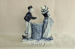 Antique German Delft Flo Blue Couple & Basket Hand Painted Porcelain Figurine