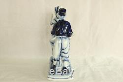 Antique German Delft Flo Blue Couple & Basket Hand Painted Porcelain Figurine