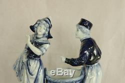 Antique German Delft Flo Blue Couple & Basket Hand Painted Porcelain Figurine