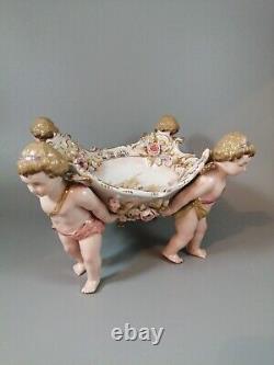 Antique German Schierholtz Figural Hand Painted Porcelain Cherubim vase
