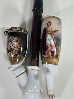 Antique German Smoking Pipe Porcelain Long Stem Hand Painted 19th Century Extra